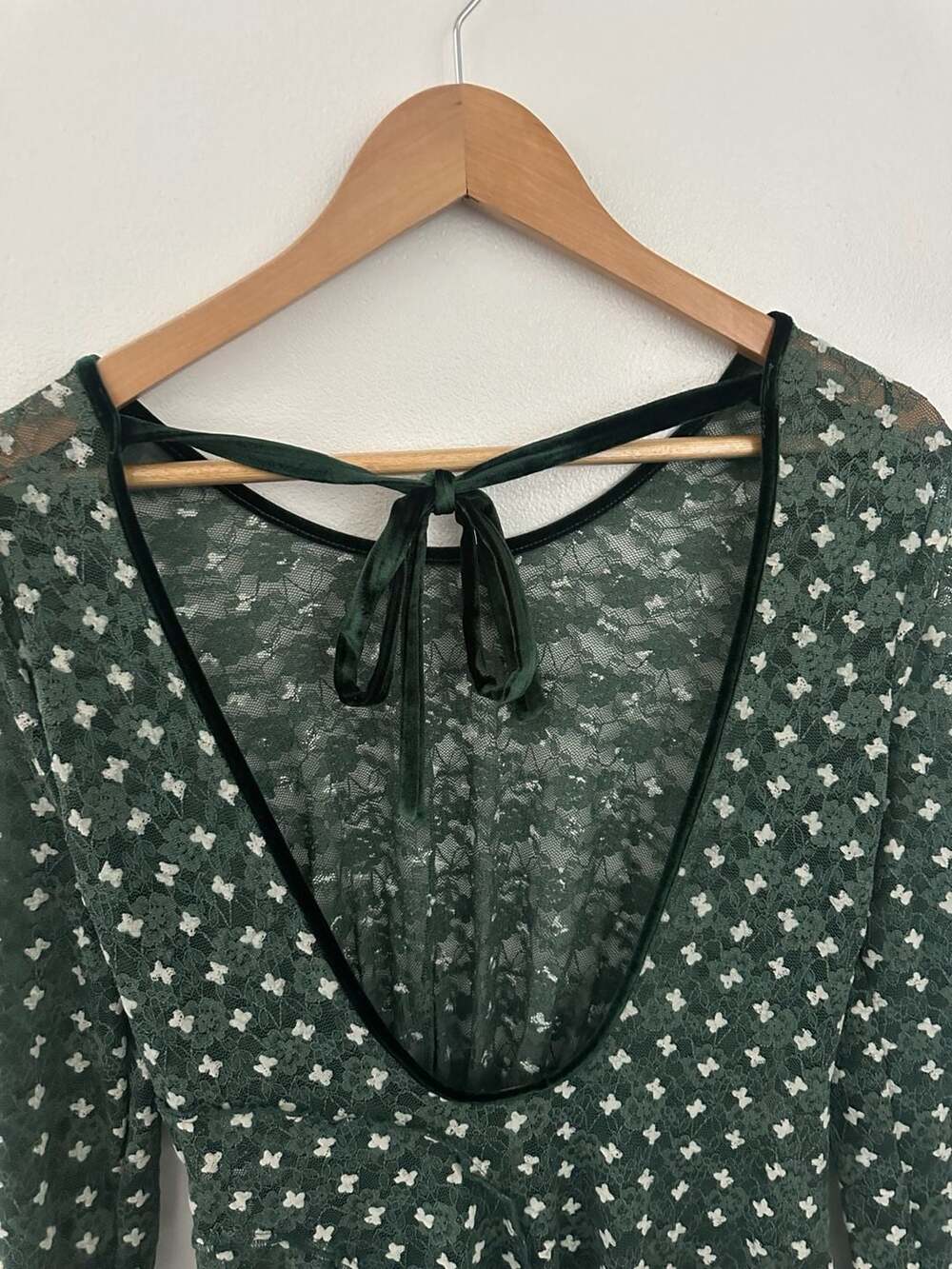 Free People Sheer Delight Green Lace Open Back Mini Dress Topiary Combo - Picture 5 of 6